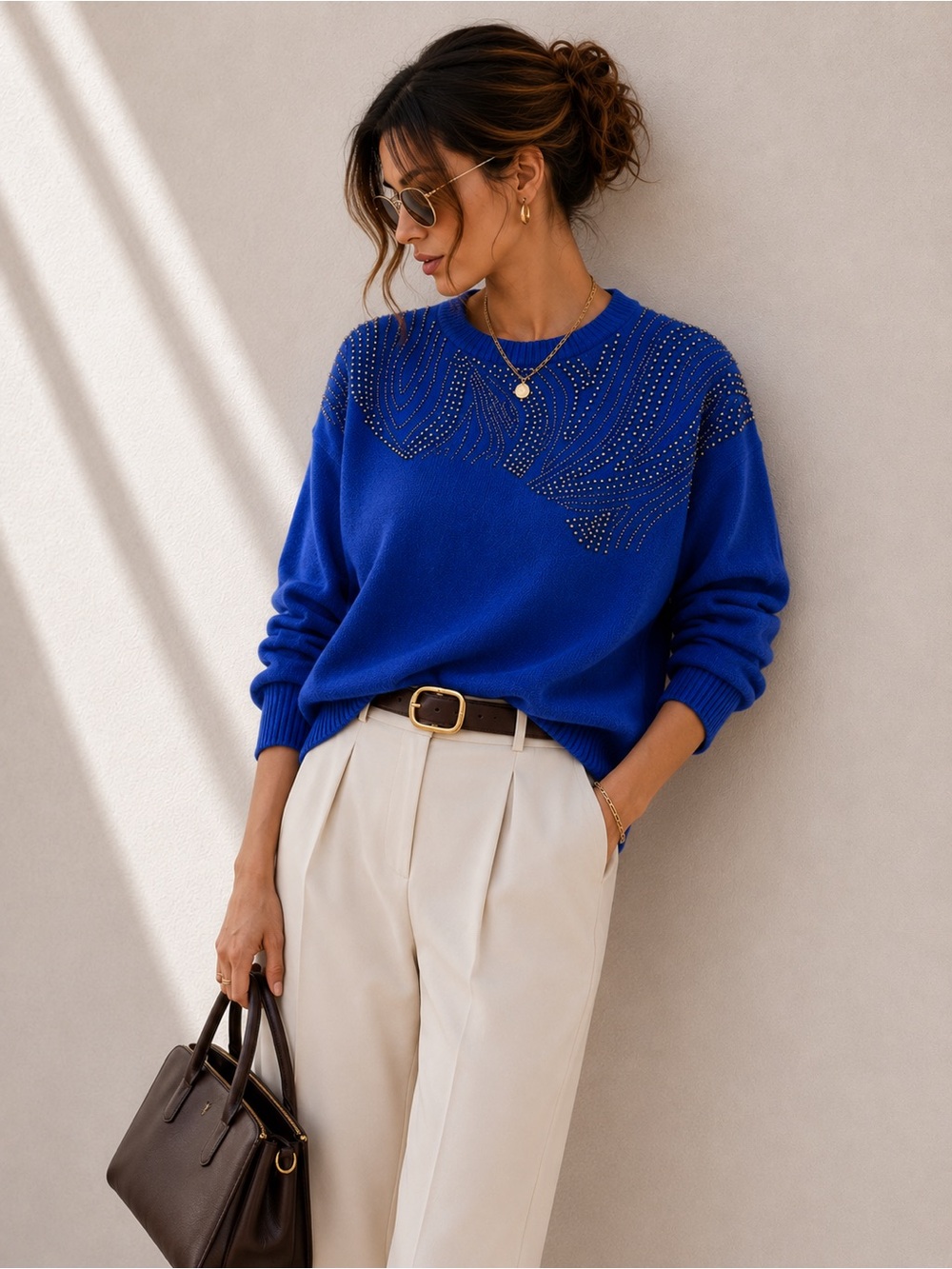 Vintage Carini Blue Knit Sweater Studded Crewneck Retro Cozy Size M/L